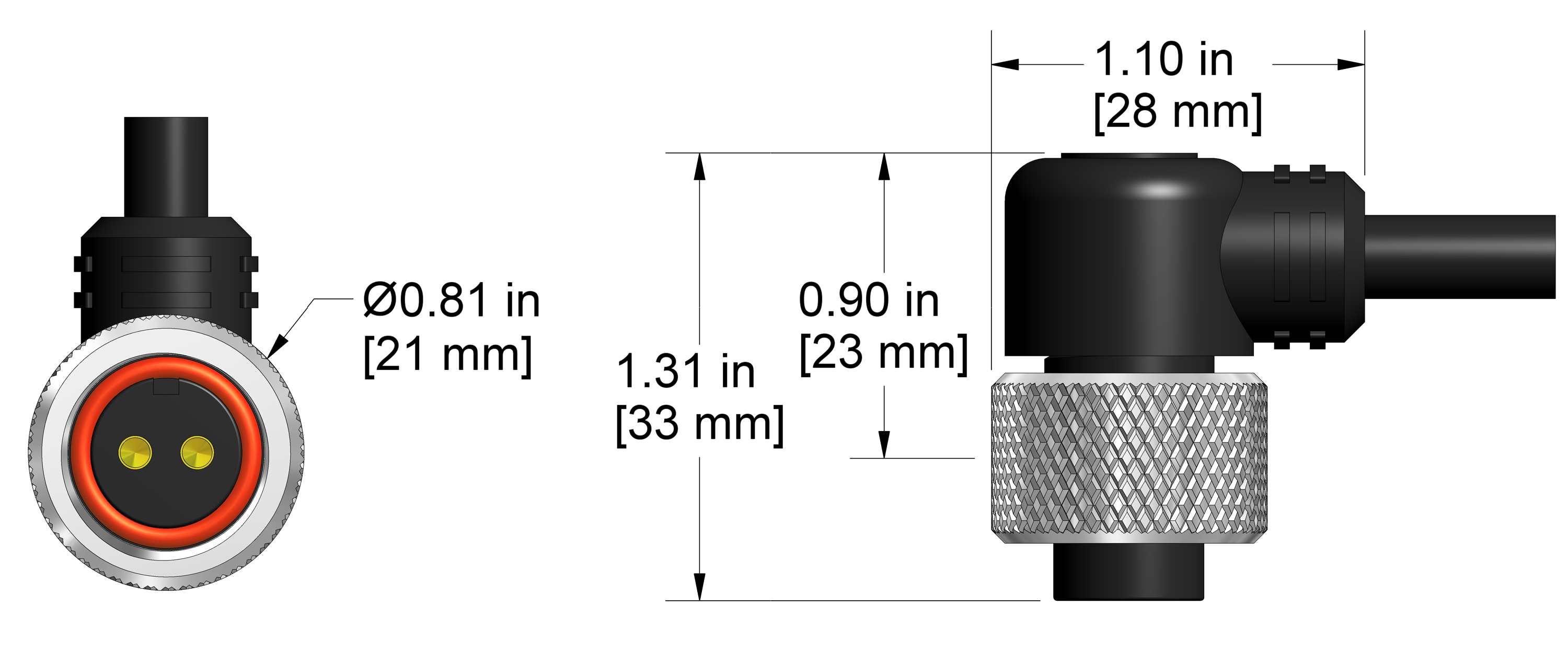 A line drawing showing the diameter and length of an assembled CTC A2E vibration sensor connector kit.