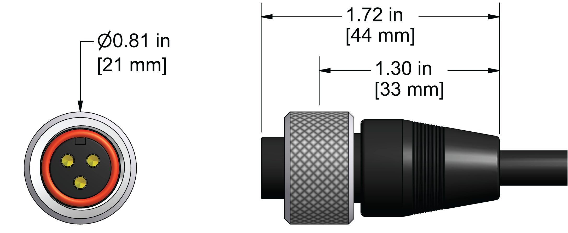A line drawing showing the diameter and length of an assembled CTC A3N vibration sensor connector kit.