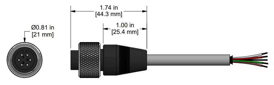 A line drawing showing the diameter and length of an assembled CTC A6A vibration sensor connector kit.