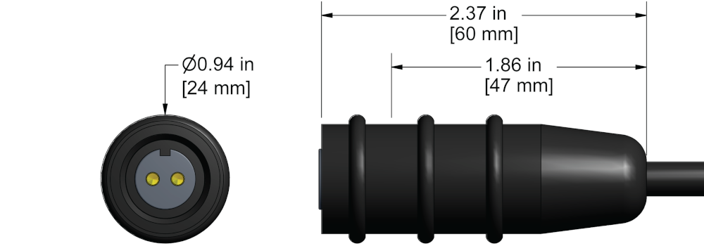 A line drawing showing the diameter and length of an assembled CTC B2A vibration sensor connector kit.