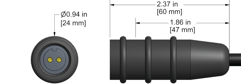 A line drawing showing the diameter and length of a CTC CK-B2R vibration sensor connector.