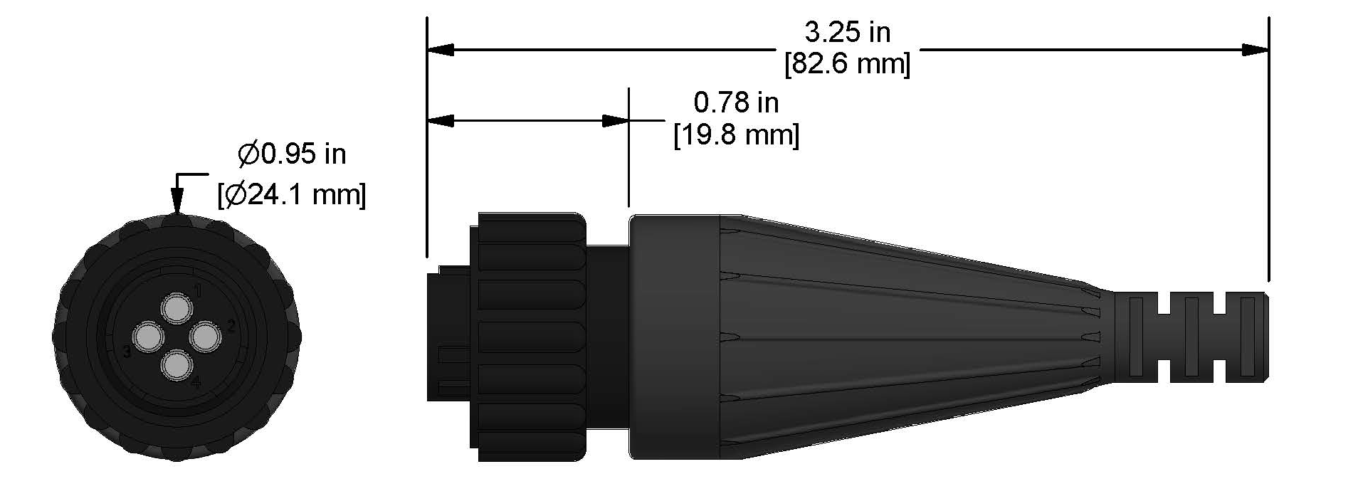 A line drawing showing the diameter and length of an assembled CTC C342 vibration sensor connector kit.