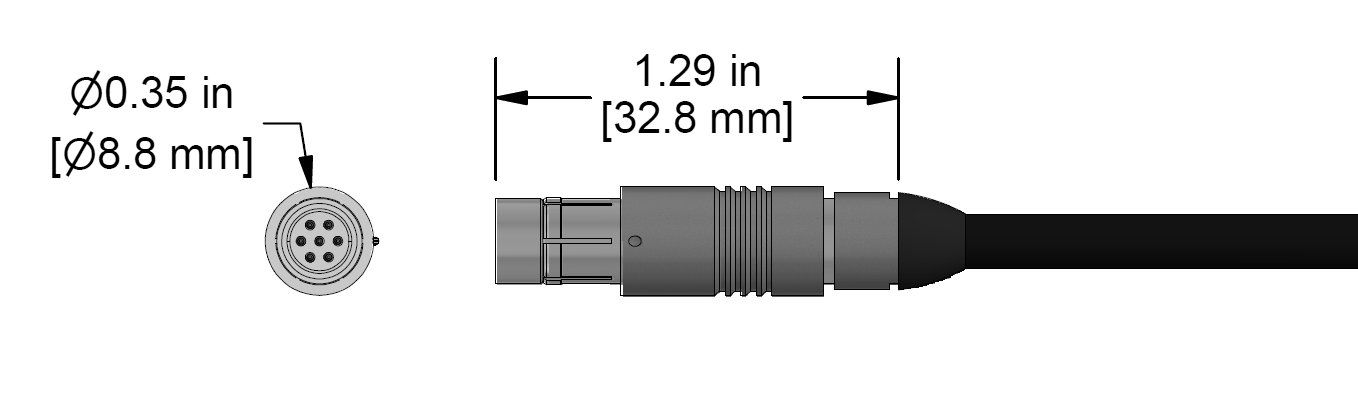 A line drawing showing the diameter and length of an assembled CTC C368 vibration sensor connector kit.
