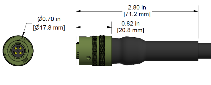 A line drawing showing the diameter and length of an assembled CTC C464 vibration sensor connector kit.