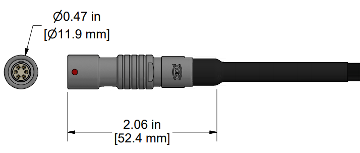 A line drawing showing the diameter and length of an assembled CTC C516 vibration sensor connector kit.