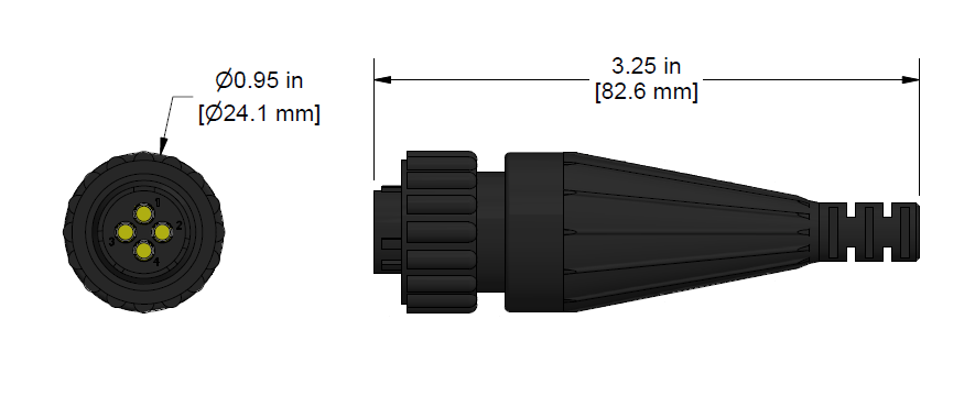 A line drawing showing the diameter and length of an assembled CTC C540 vibration sensor connector kit.