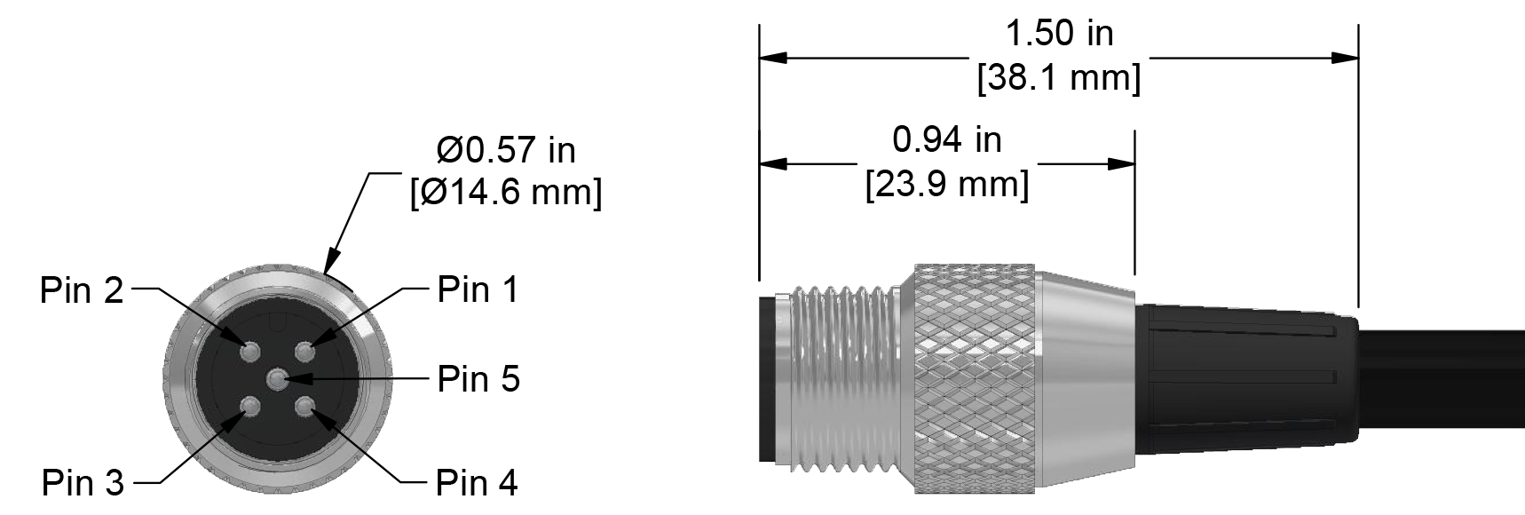 A line drawing showing the diameter and length of an assembled CTC C558 vibration sensor connector kit.