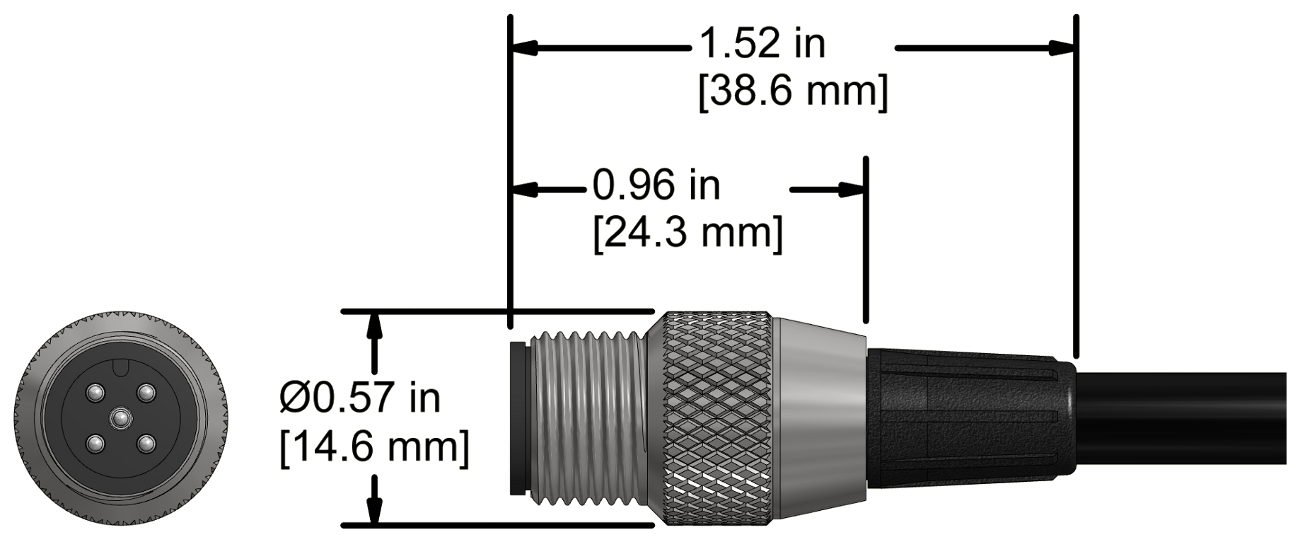A line drawing showing the diameter and length of an assembled CTC C565 vibration sensor connector kit.