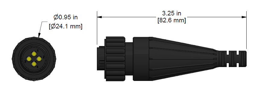 A line drawing showing the diameter and length of an assembled CTC C592 vibration sensor connector kit.