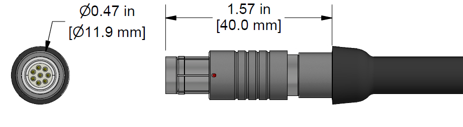 A line drawing showing the diameter and length of an assembled CTC C625 vibration sensor connector kit.