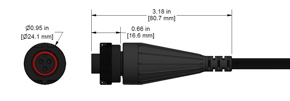 A line drawing showing the diameter and length of an assembled CTC D3CB vibration sensor connector kit.