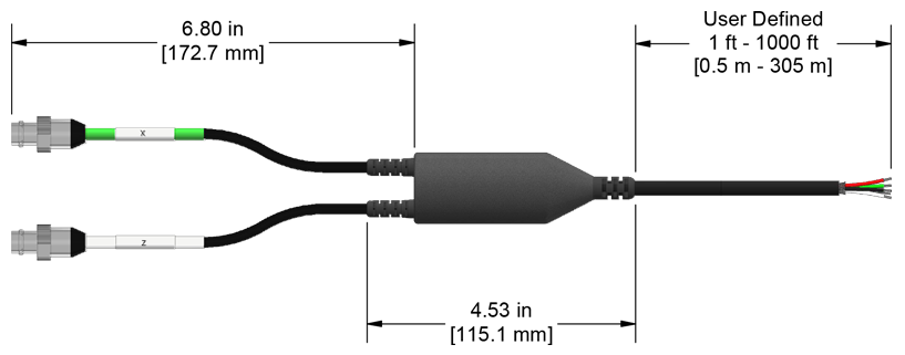 A line drawing showing the diameter and length of an assembled CTC E2DB vibration sensor connector kit.
