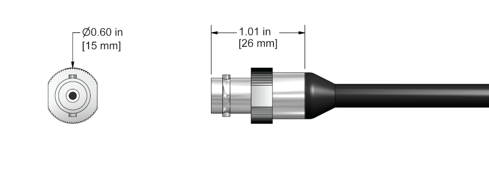 A line drawing showing the diameter and length of an assembled CTC ENX vibration sensor connector kit.