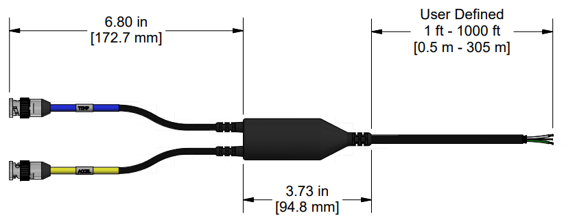 A line drawing showing the diameter and length of an assembled CTC F2DA vibration sensor connector kit.