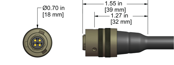A line drawing showing the diameter and length of an assembled CTC G4H1 vibration sensor connector kit.