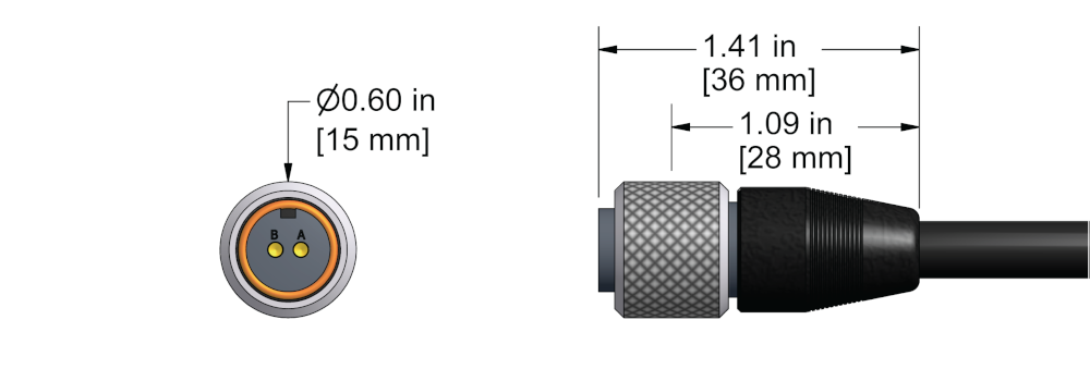 A line drawing showing the diameter and length of an assembled CTC J2R vibration sensor connector kit.