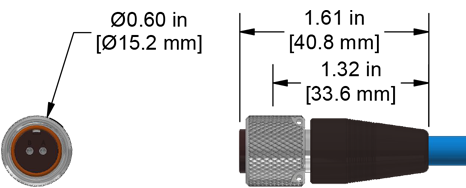 A line drawing showing the diameter and length of an assembled CTC JQ2R vibration sensor connector kit.