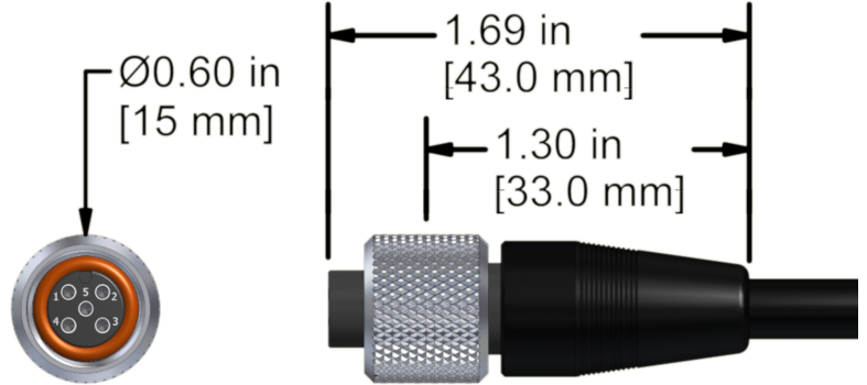 A line drawing showing the diameter and length of an assembled CTC M2N vibration sensor connector kit.
