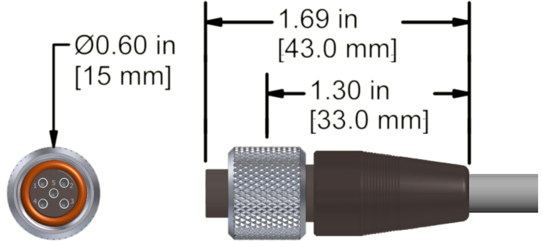 A line drawing showing the diameter and length of an assembled CTC M4RTR4 vibration sensor connector kit.