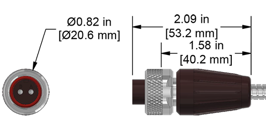 A line drawing showing the diameter and length of an assembled CTC Q2R vibration sensor connector kit.