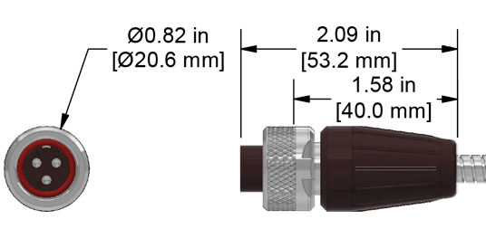 A line drawing showing the diameter and length of an assembled CTC Q3RB vibration sensor connector kit.