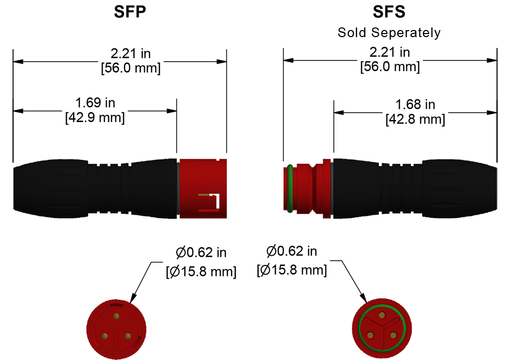 A line drawing showing the diameter and length of an assembled CTC SFP vibration sensor connector kit.