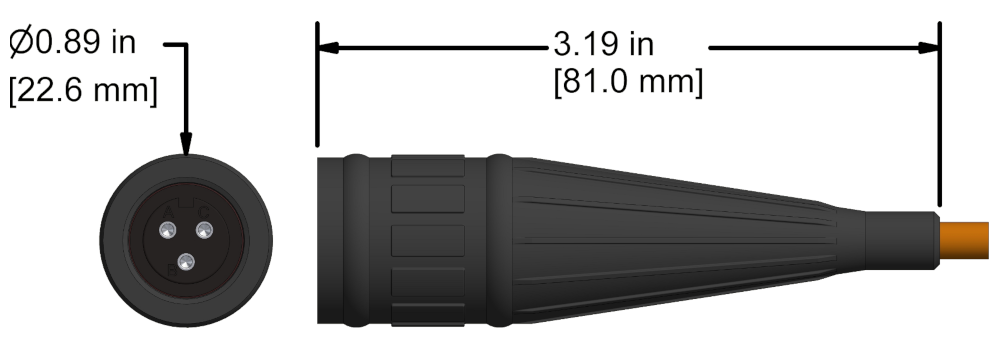 A line drawing showing the diameter and length of an assembled CTC V3NB vibration sensor connector kit.