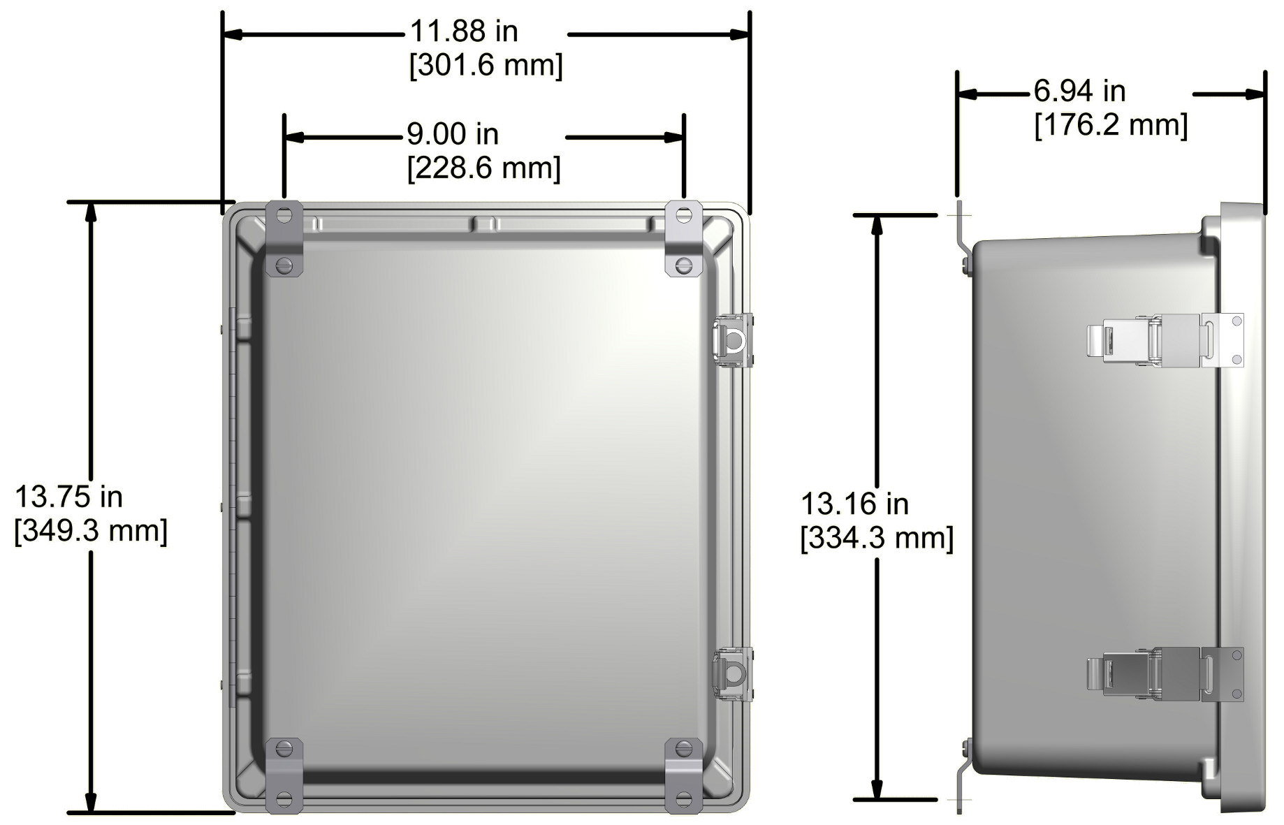 A drawing showing the dimensions of a CTC SCE110 Series industrial enclosure.