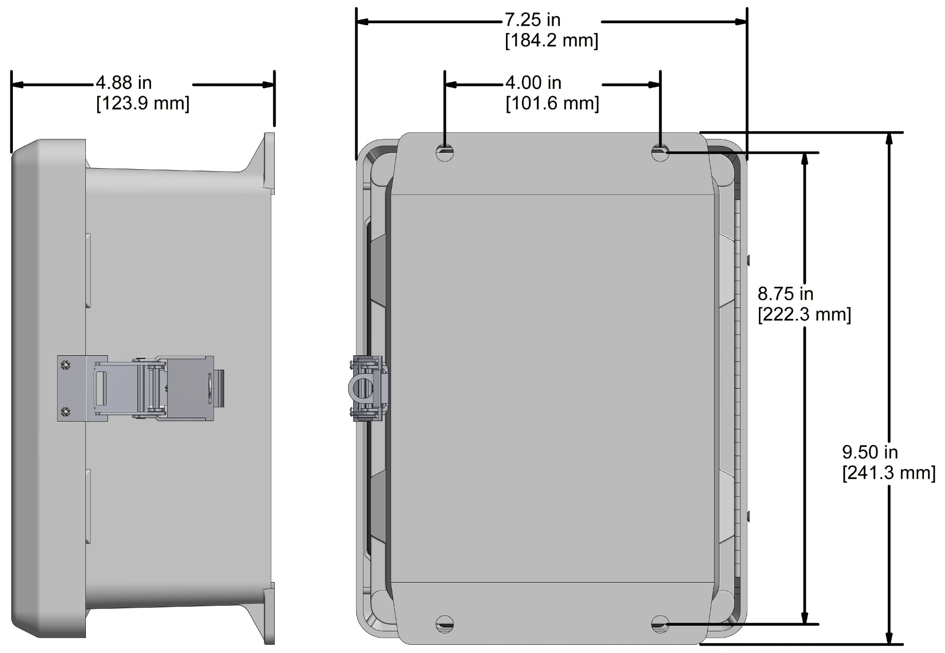 A drawing showing the dimensions of a CTC CR102 Series industrial enclosure.