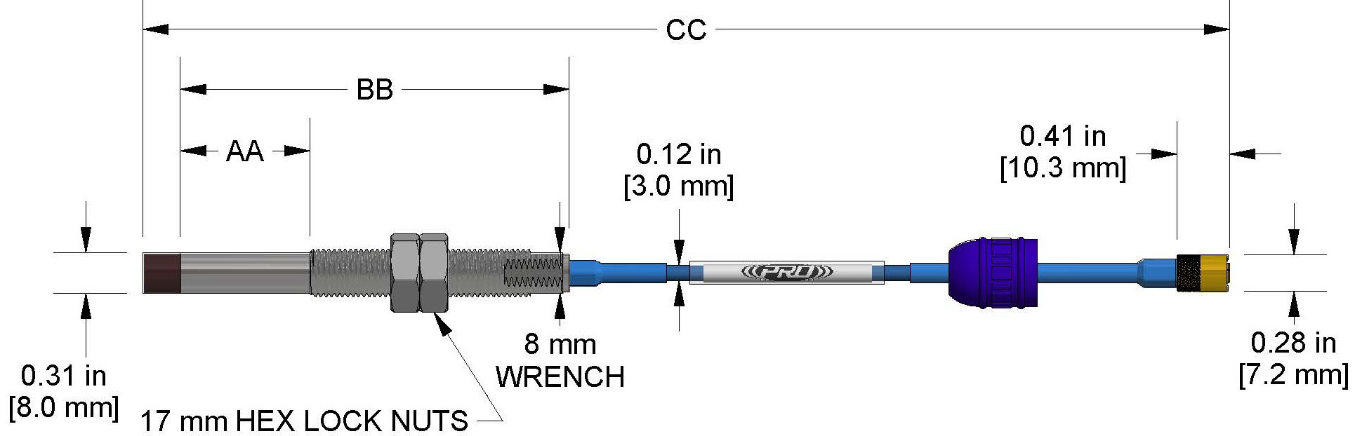 A dimension drawing of a Standard Mount CTC PRO Line DP1001 proximity probe.