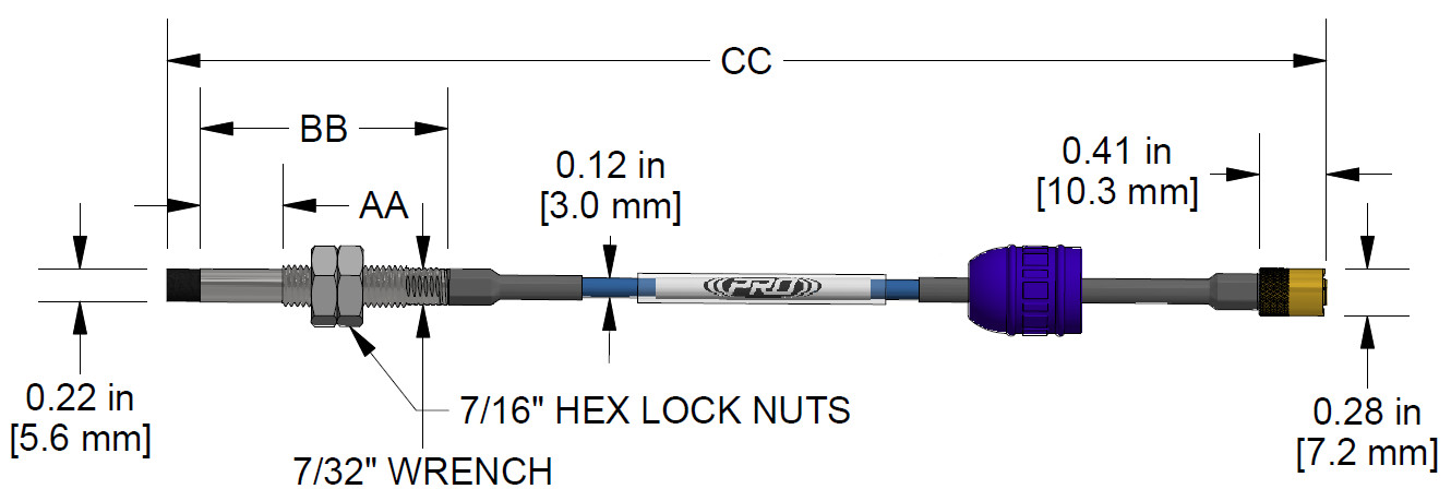 A dimension drawing of a Standard Mount CTC PRO Line DP1009 proximity probe.