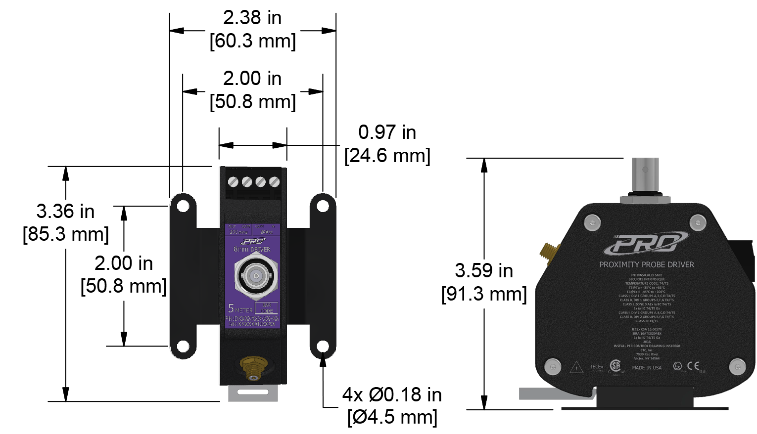 A dimension drawing of a CTC PRO Line Hazardous-Area Approved DD100770 proximity probe driver.