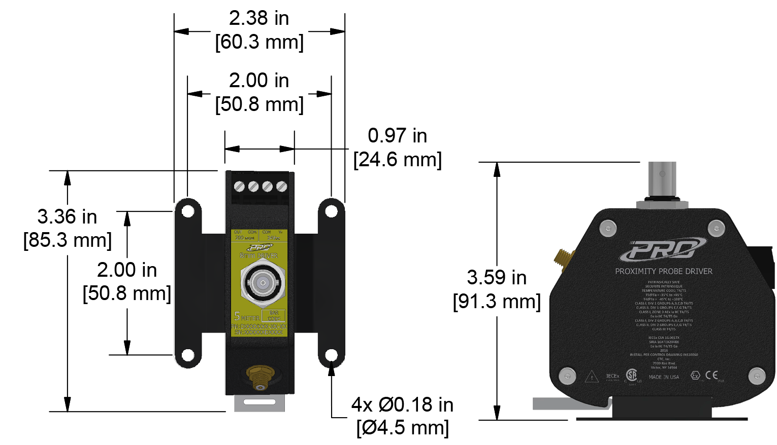 A dimension drawing of a CTC PRO Line Hazardous-Area Approved DD100880 proximity probe driver.