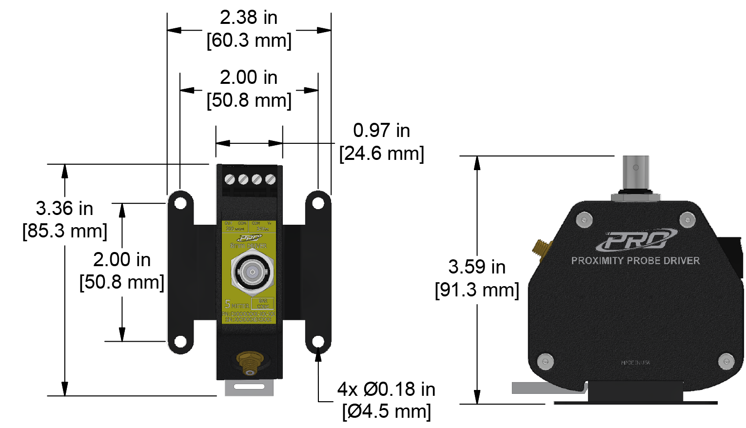 A dimension drawing of a CTC PRO Line DD100880 proximity probe driver.