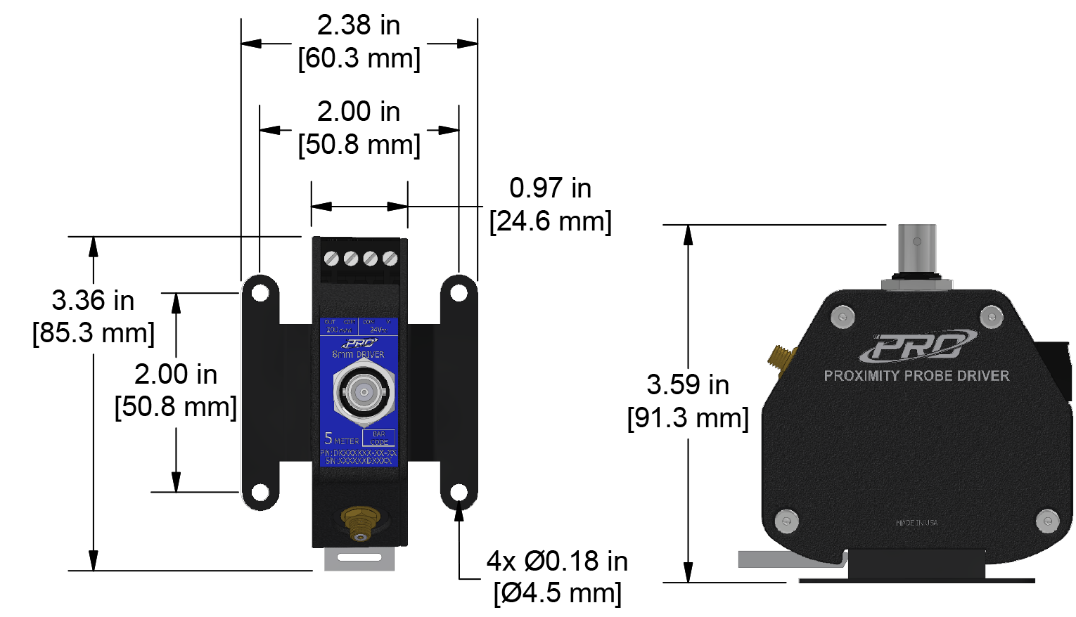A dimension drawing of a CTC PRO Line DD100191 proximity probe driver.