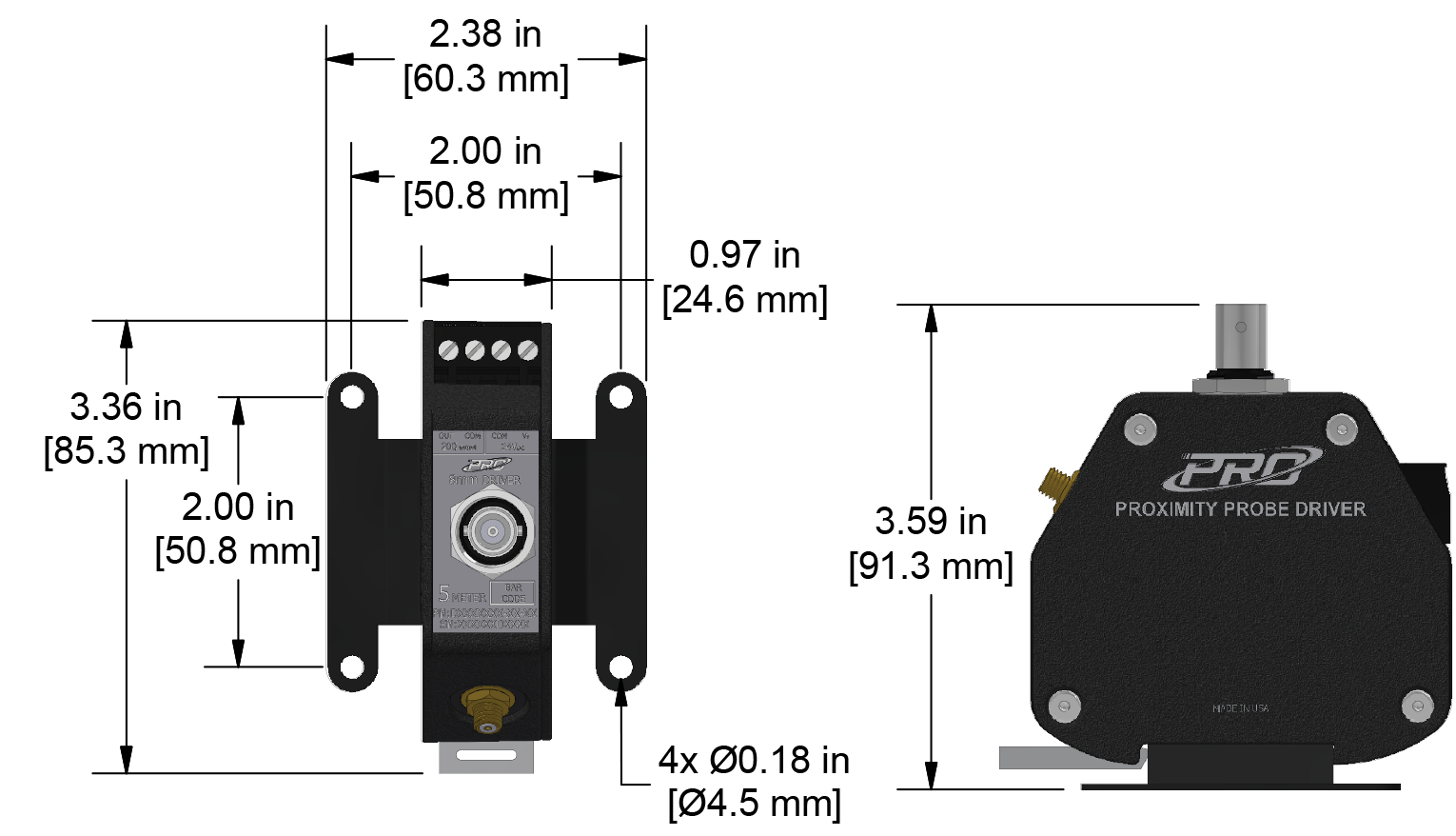 A dimension drawing of a CTC PRO Line DD100970 proximity probe driver.