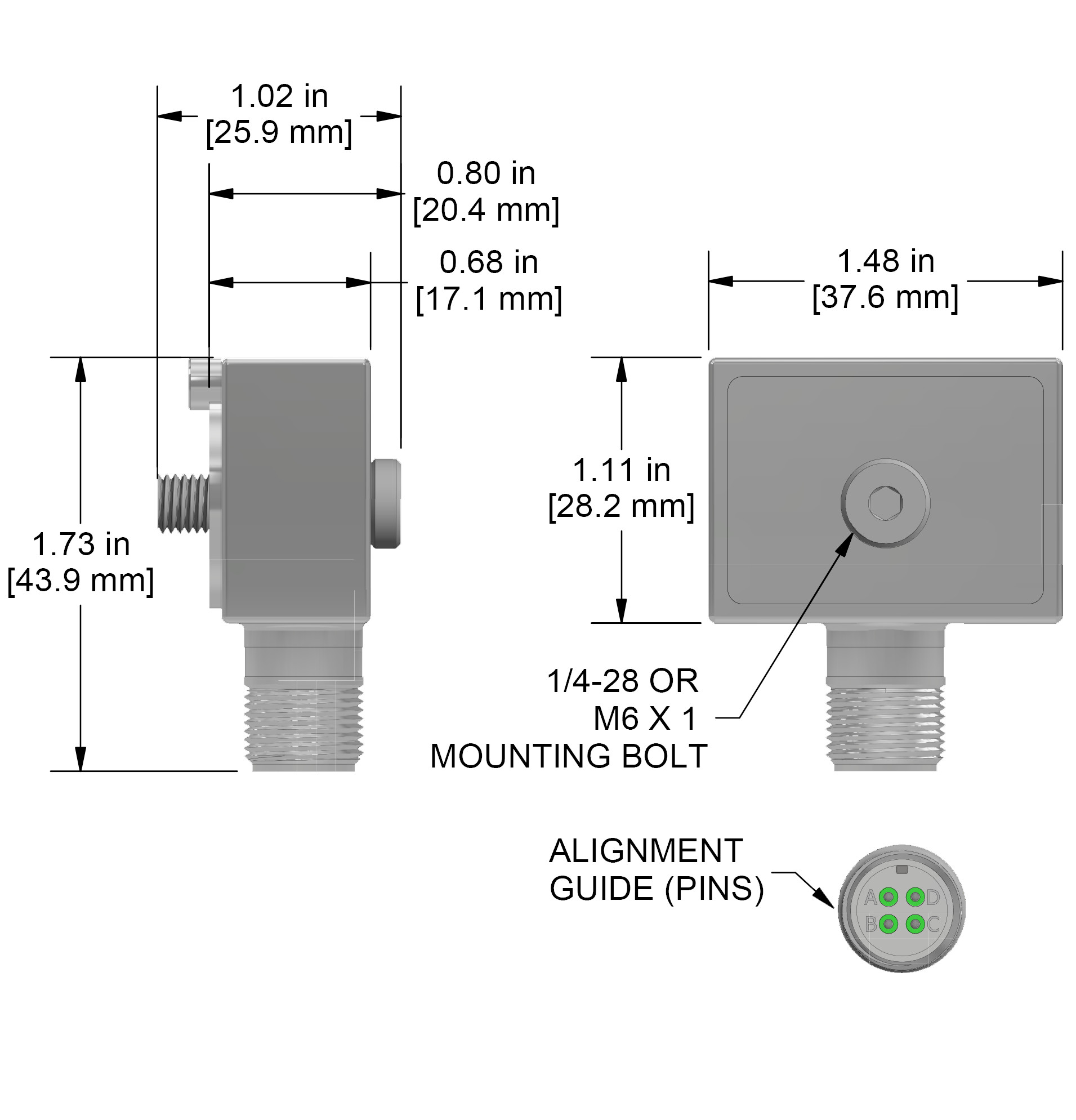 A drawing showing the dimensions and pin configuration of a CTC TREA331 industrial accelerometer.