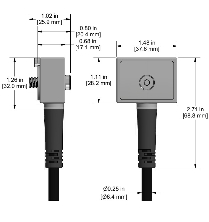 A drawing showing the dimensions and pin configuration of a CTC TREA331 industrial accelerometer.