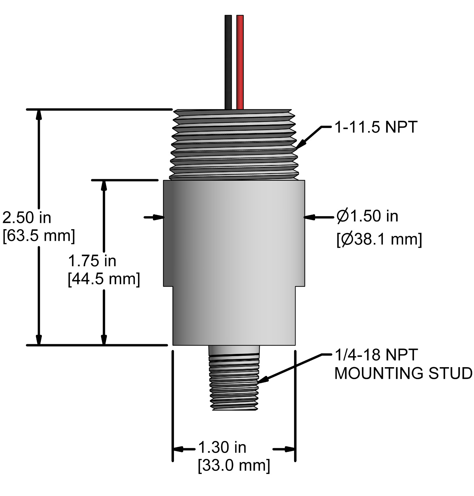 A drawing showing the dimensions and pin configuration of a CTC LP922-XXX-51C 4-20 mA loop power sensor with 1/4 in. NPT mount.