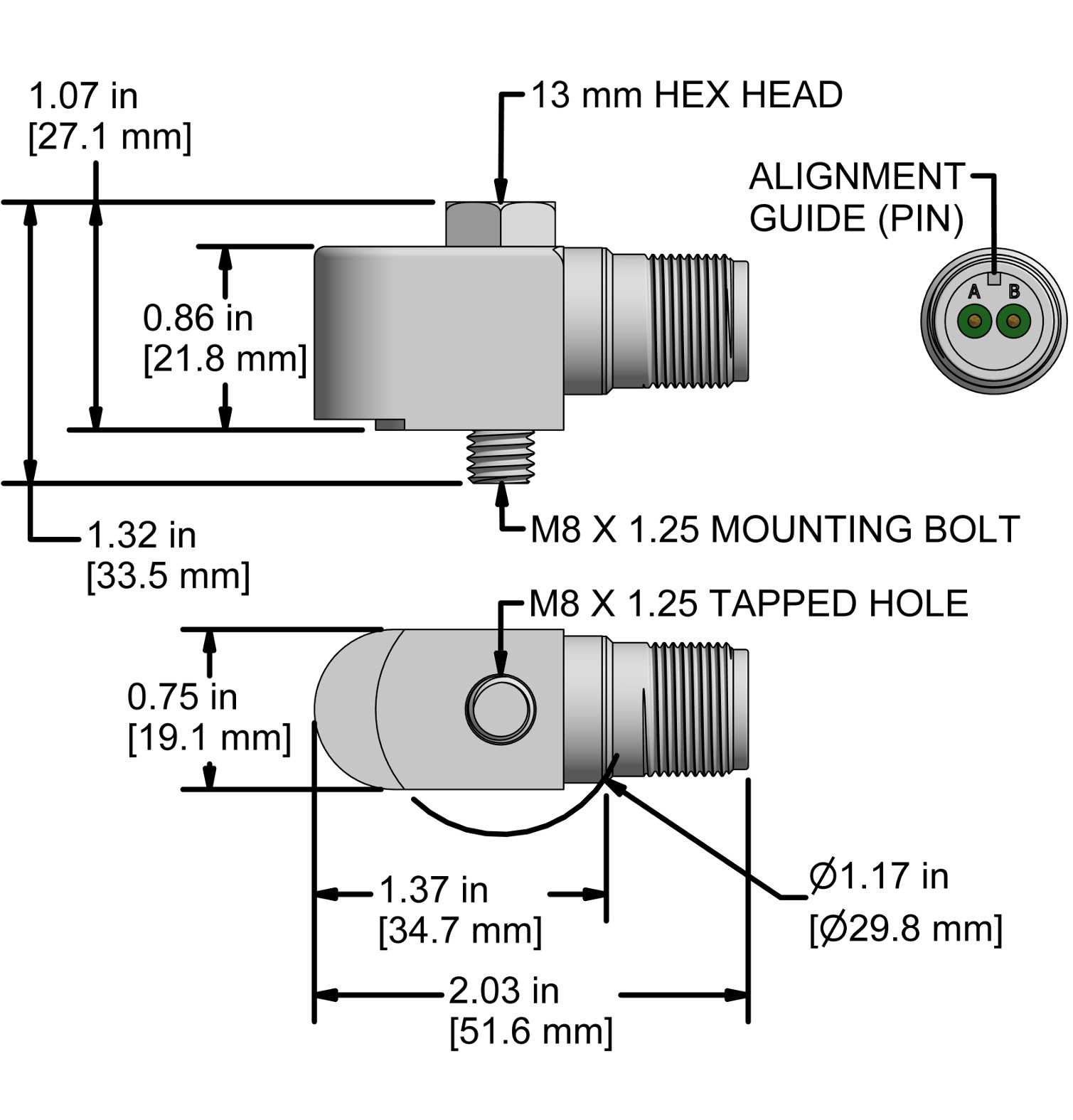 A drawing showing the dimensions and pin configuration of a CTC AC298 industrial accelerometer.