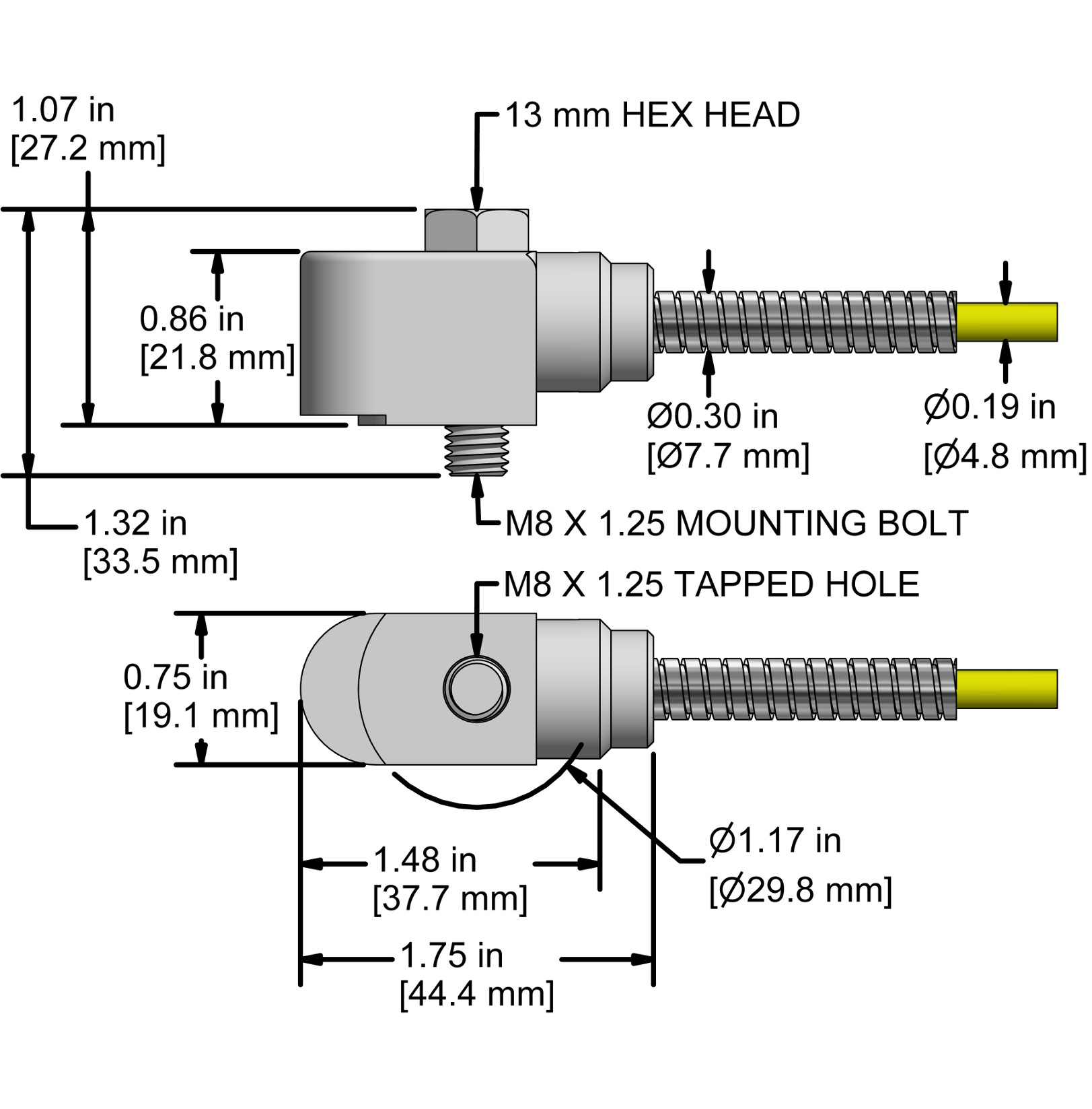 A drawing showing the dimensions and pin configuration of a CTC AC298 industrial accelerometer.