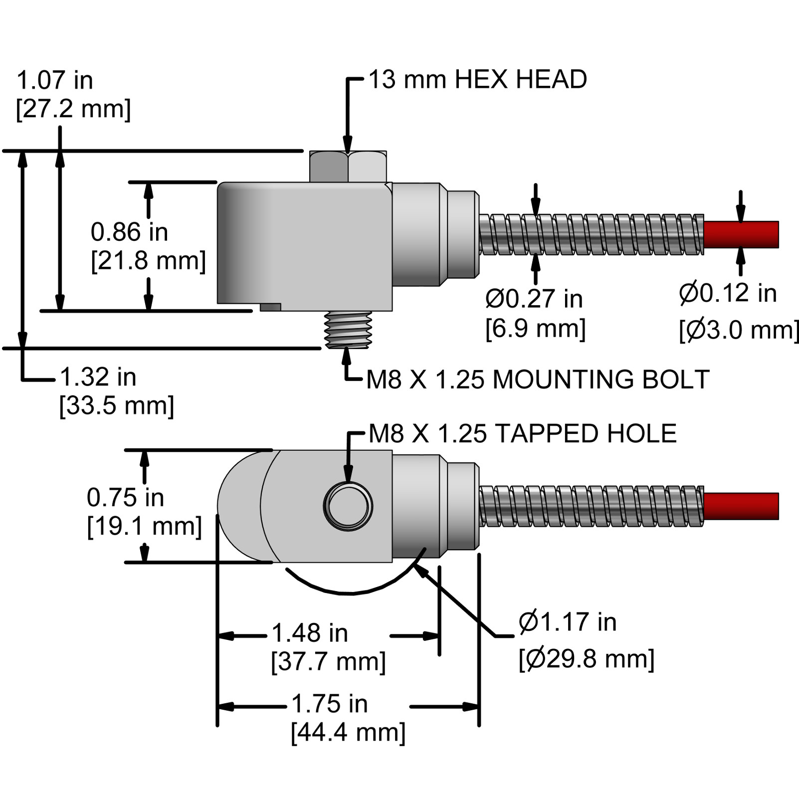A drawing showing the dimensions and pin configuration of a CTC AC298 industrial accelerometer.