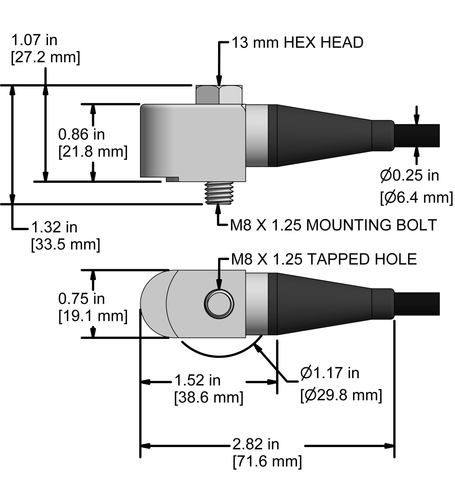A drawing showing the dimensions and pin configuration of a CTC AC298 industrial accelerometer.