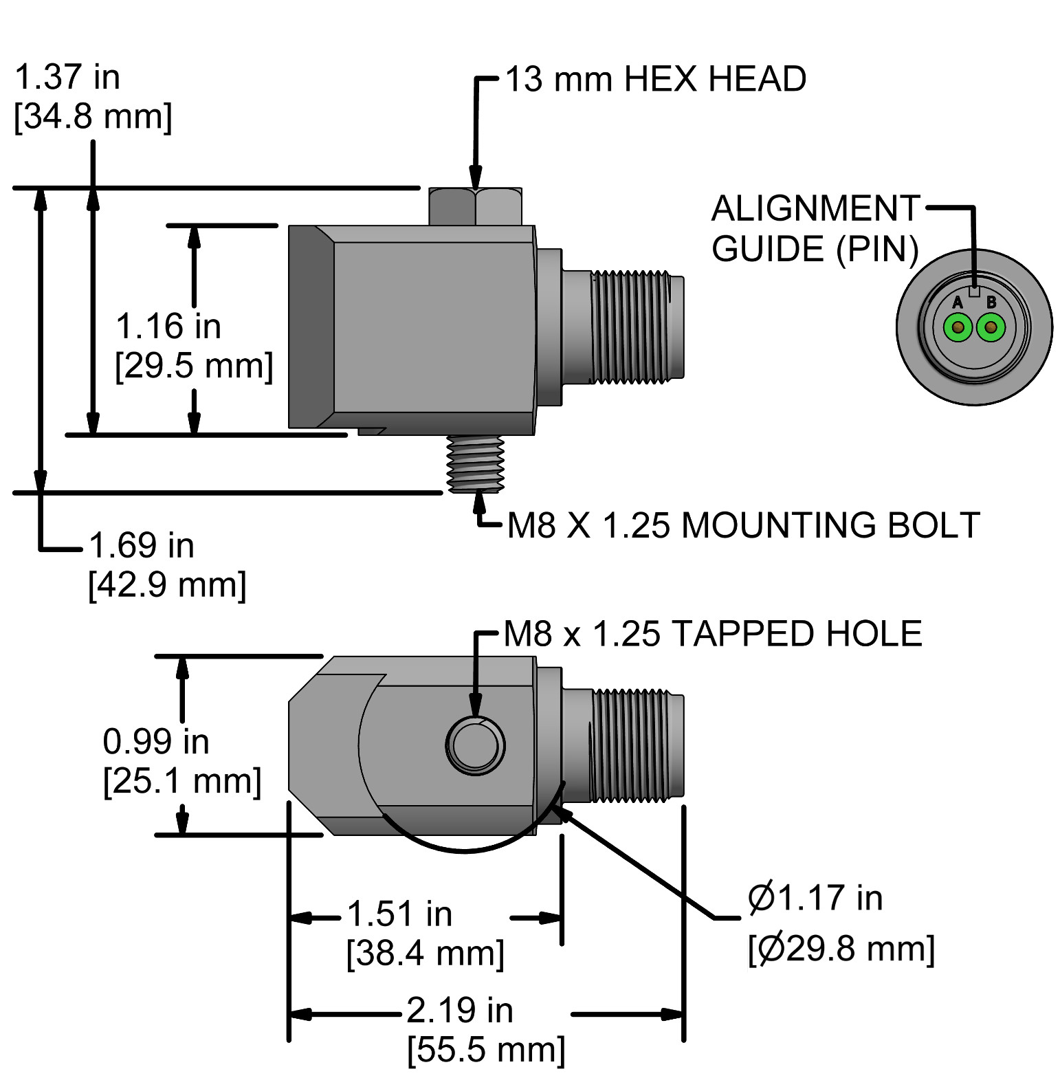 A drawing showing the dimensions and pin configuration of a CTC AC184 industrial accelerometer.