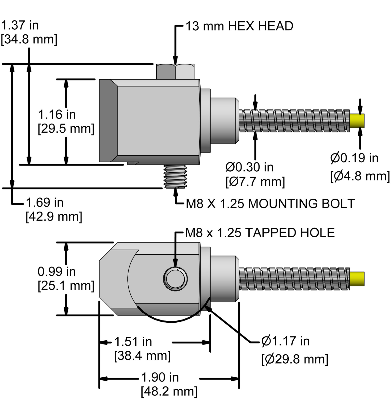 A drawing showing the dimensions and pin configuration of a CTC AC184 industrial accelerometer with heavy duty armored integral cable.