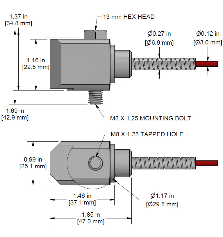 A drawing showing the dimensions and pin configuration of a CTC AC184 industrial accelerometer with armored integral cable.