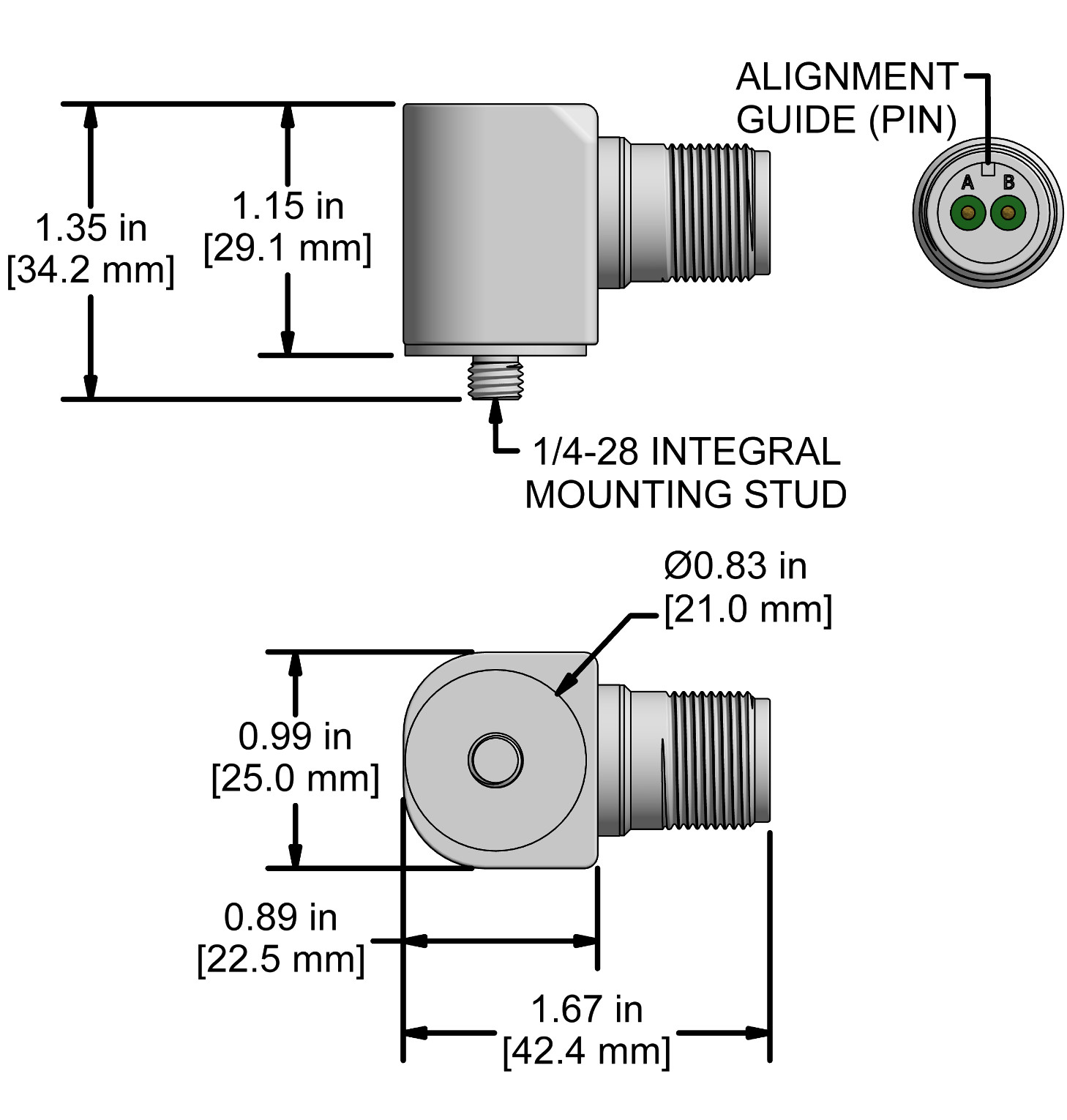 A drawing showing the dimensions and pin configuration of a CTC AC116 industrial accelerometer.