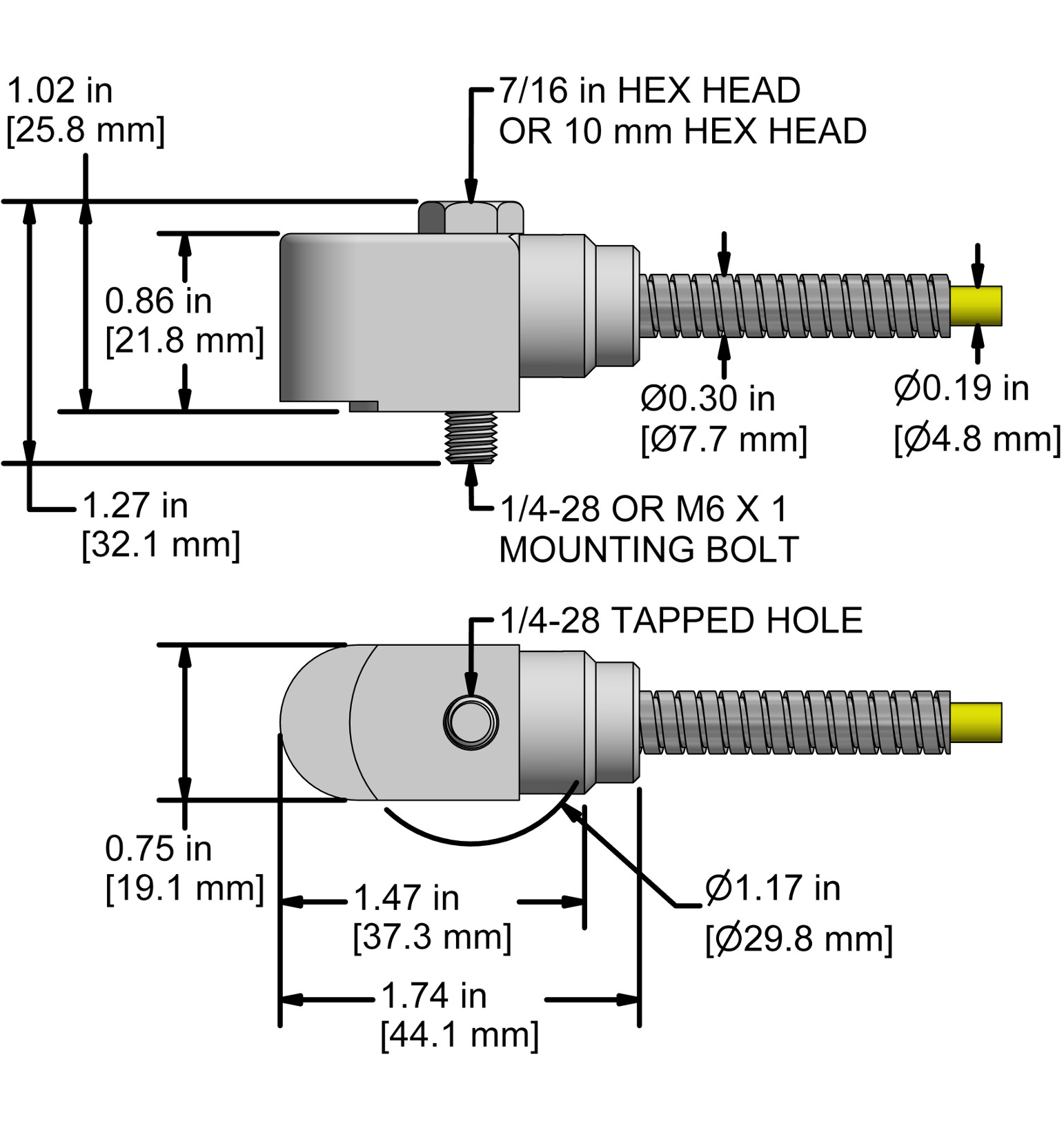 A drawing showing the dimensions and pin configuration of a CTC AC194 industrial accelerometer.