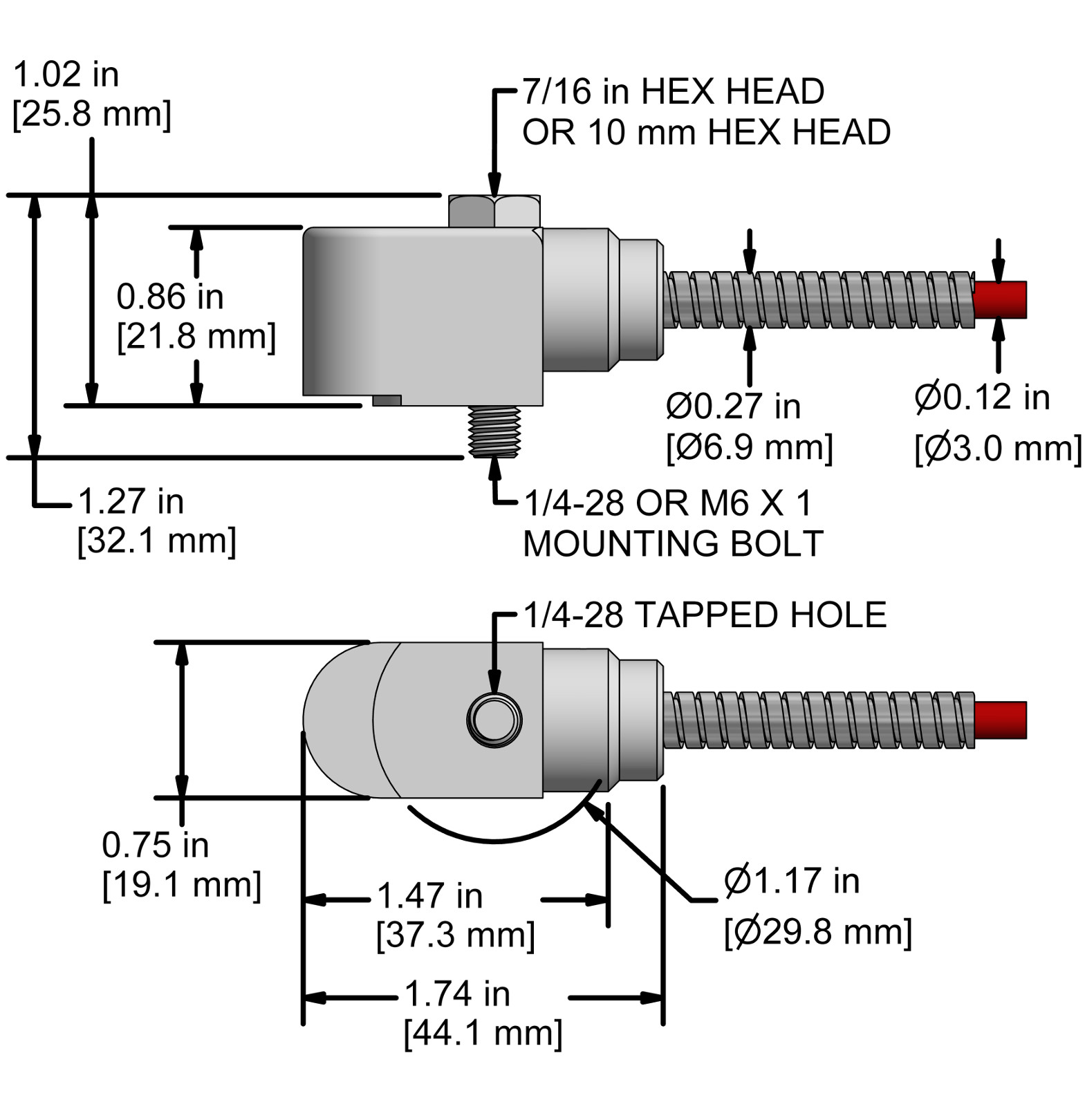 A drawing showing the dimensions and pin configuration of a CTC AC194 industrial accelerometer.