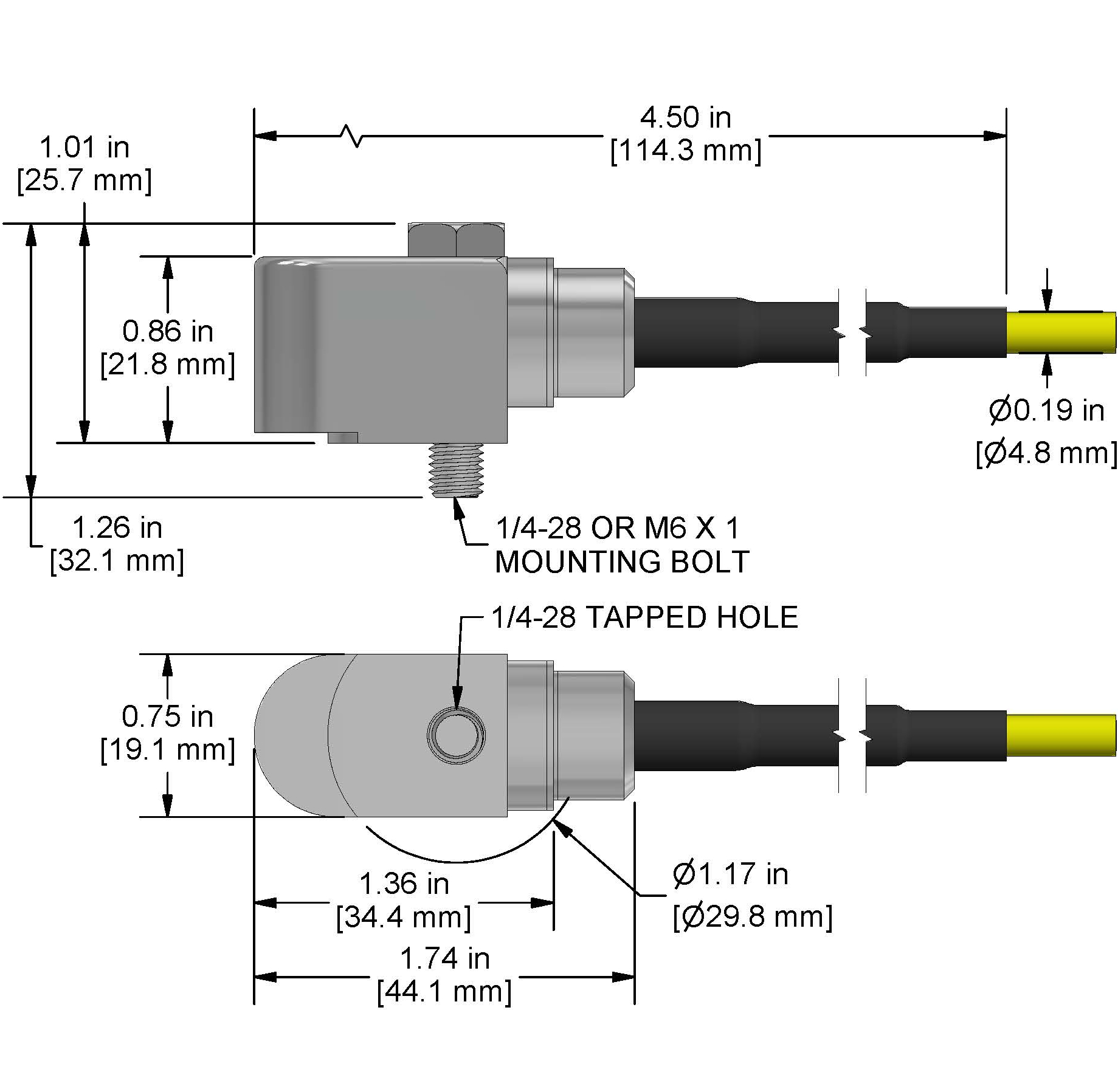 A drawing showing the dimensions and pin configuration of a CTC AC194 industrial accelerometer with FEP jacketed integral cable.